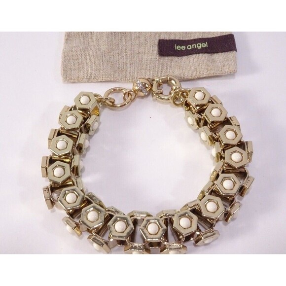 Lee Angel Women's Howlite Cabochon Gold Brass Box Link Bracelet NWT 168 - Picture 2 of 7